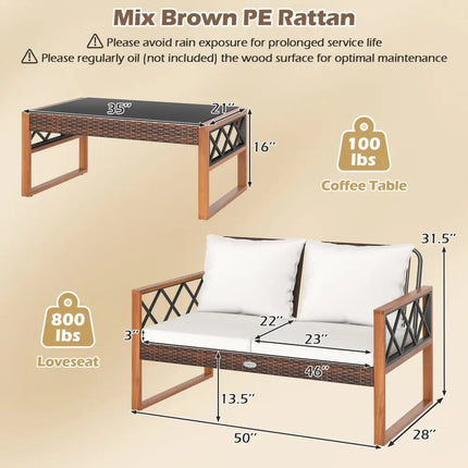 2 Pieces Patio PE Wicker Furniture Set Outside Conversation Set for Porch-White - White - Patio Conversation Sets