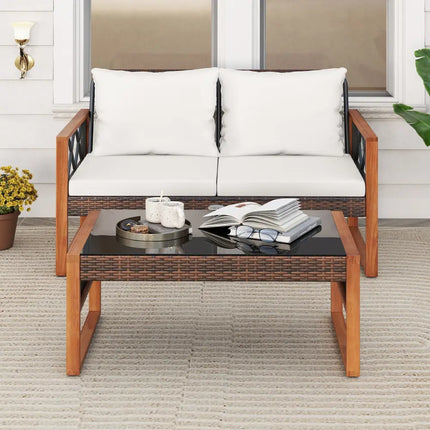 2 Pieces Patio PE Wicker Furniture Set Outside Conversation Set for Porch-White - White - Patio Conversation Sets