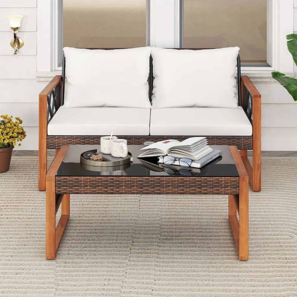 2 Pieces Patio PE Wicker Furniture Set Outside Conversation Set for Porch-White - White - Patio Conversation Sets