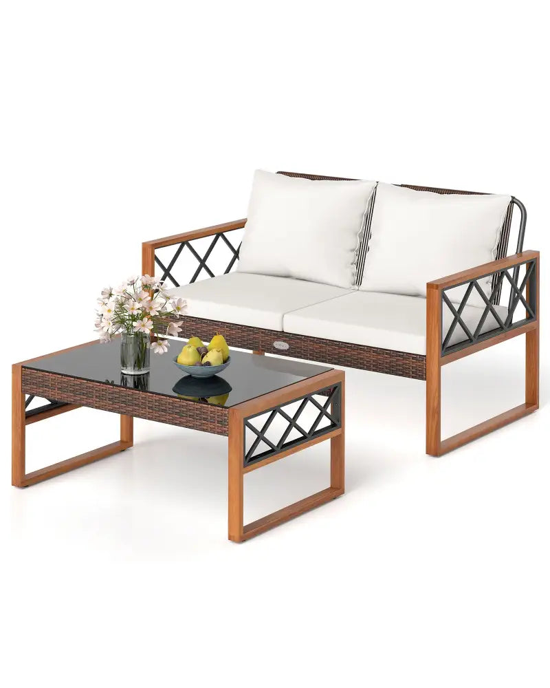 2 Pieces Patio PE Wicker Furniture Set Outside Conversation Set for Porch-White - White - Patio Conversation Sets