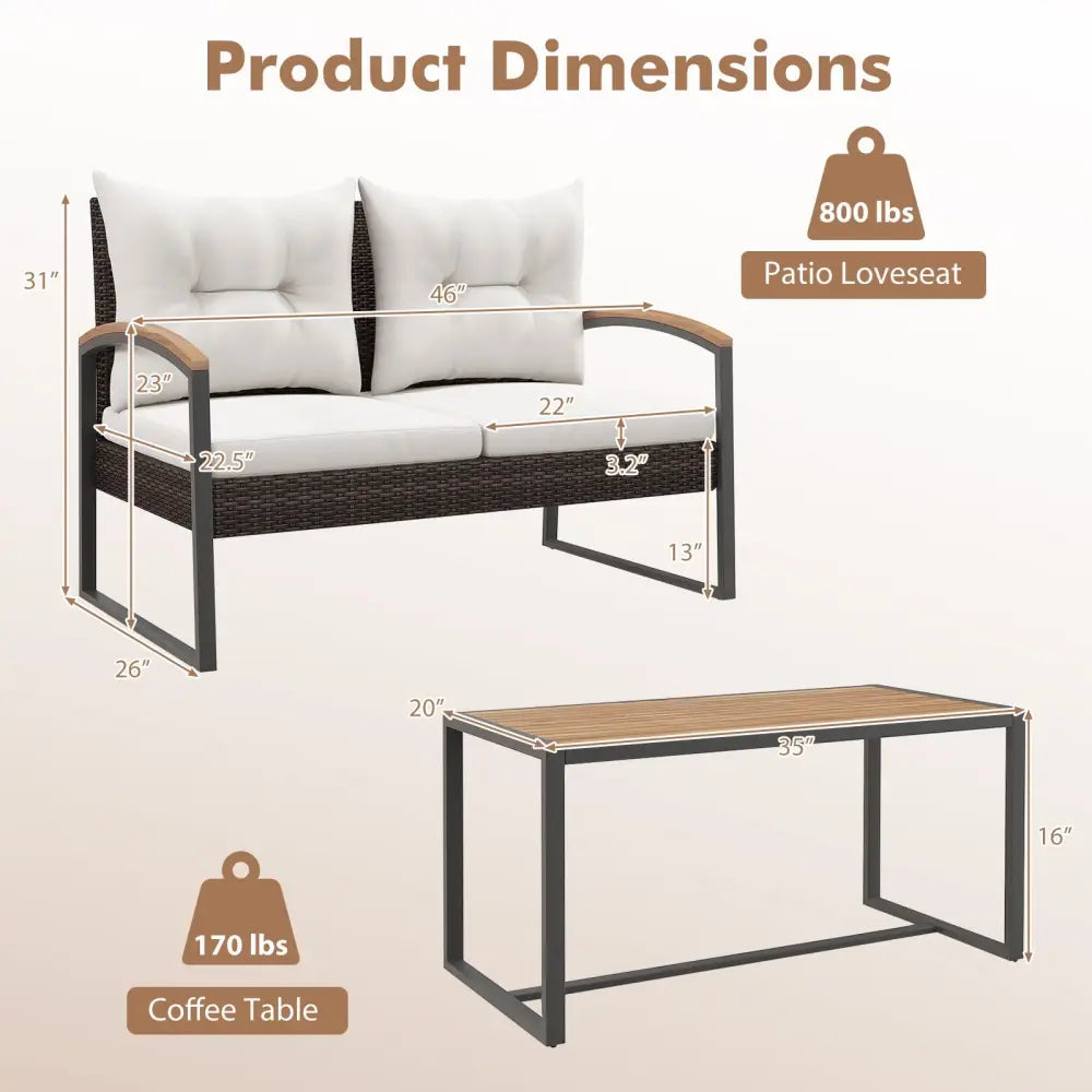 2 Pieces Patio PE Wicker Furniture Set with Acacia Wood Coffee Table-White - White - Patio Conversation Sets