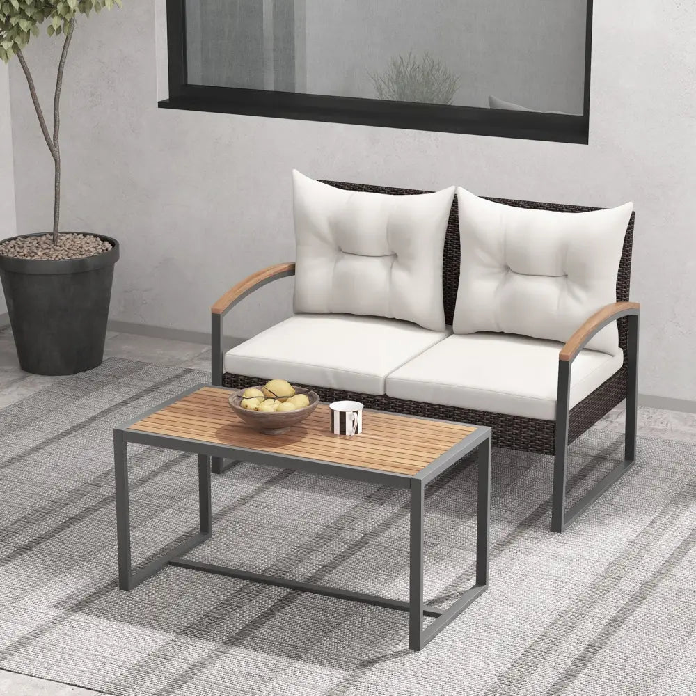 2 Pieces Patio PE Wicker Furniture Set with Acacia Wood Coffee Table-White - White - Patio Conversation Sets