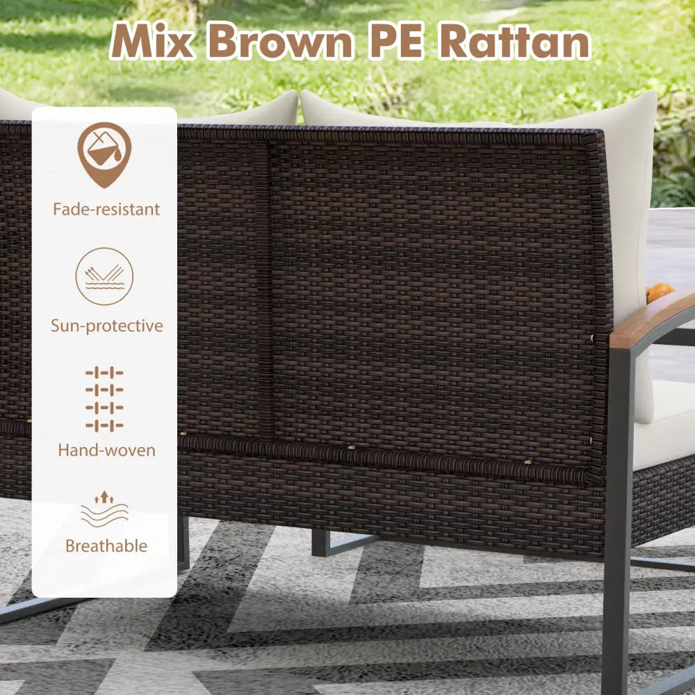 2 Pieces Patio PE Wicker Furniture Set with Acacia Wood Coffee Table-White - White - Patio Conversation Sets