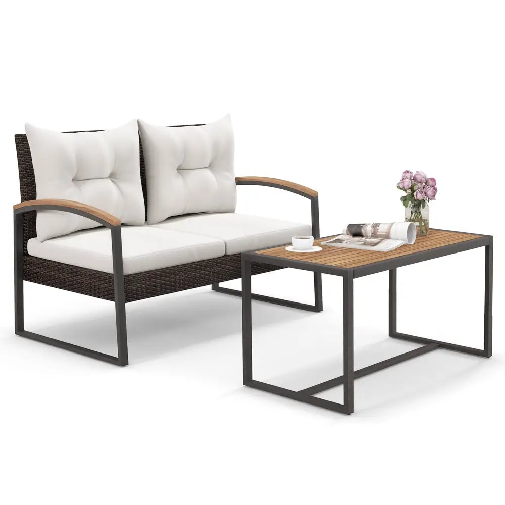 2 Pieces Patio PE Wicker Furniture Set with Acacia Wood Coffee Table-White - White - Patio Conversation Sets