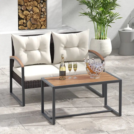 2 Pieces Patio PE Wicker Furniture Set with Acacia Wood Coffee Table-White - White - Patio Conversation Sets