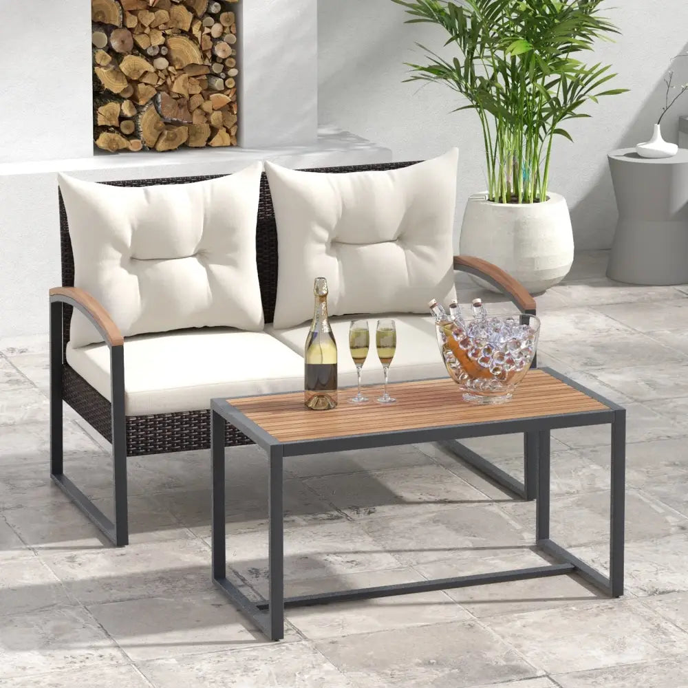 2 Pieces Patio PE Wicker Furniture Set with Acacia Wood Coffee Table-White - White - Patio Conversation Sets