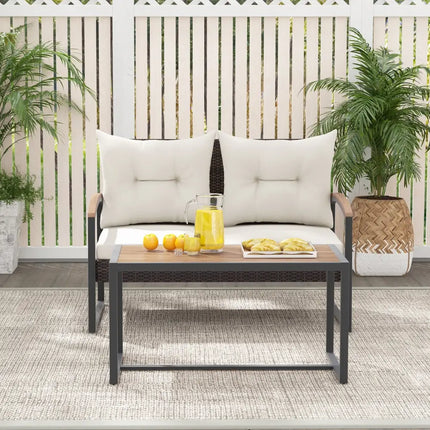 2 Pieces Patio PE Wicker Furniture Set with Acacia Wood Coffee Table-White - White - Patio Conversation Sets