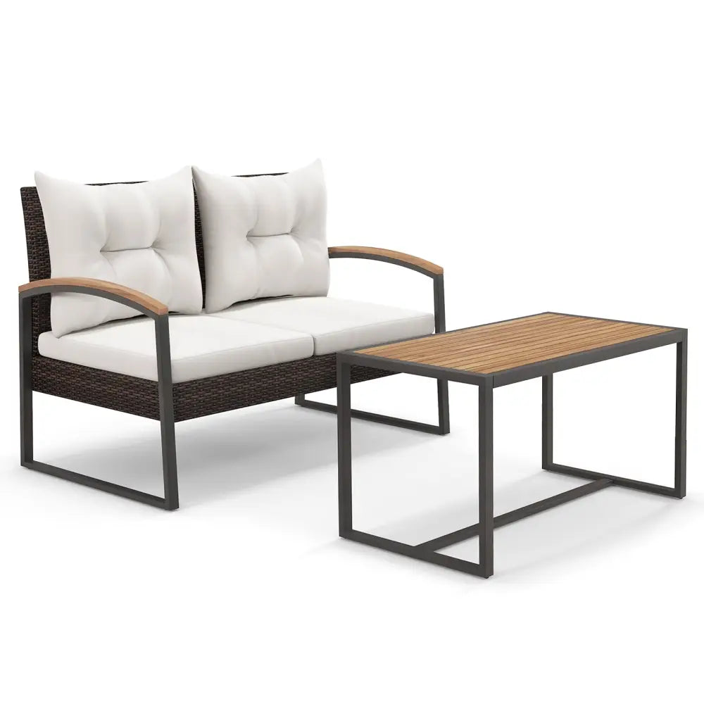 2 Pieces Patio PE Wicker Furniture Set with Acacia Wood Coffee Table-White - White - Patio Conversation Sets