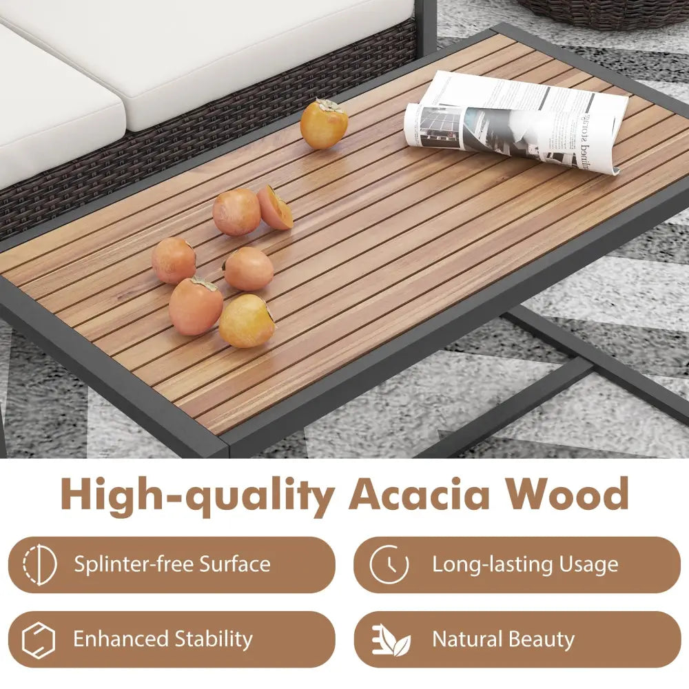 2 Pieces Patio PE Wicker Furniture Set with Acacia Wood Coffee Table-White - White - Patio Conversation Sets