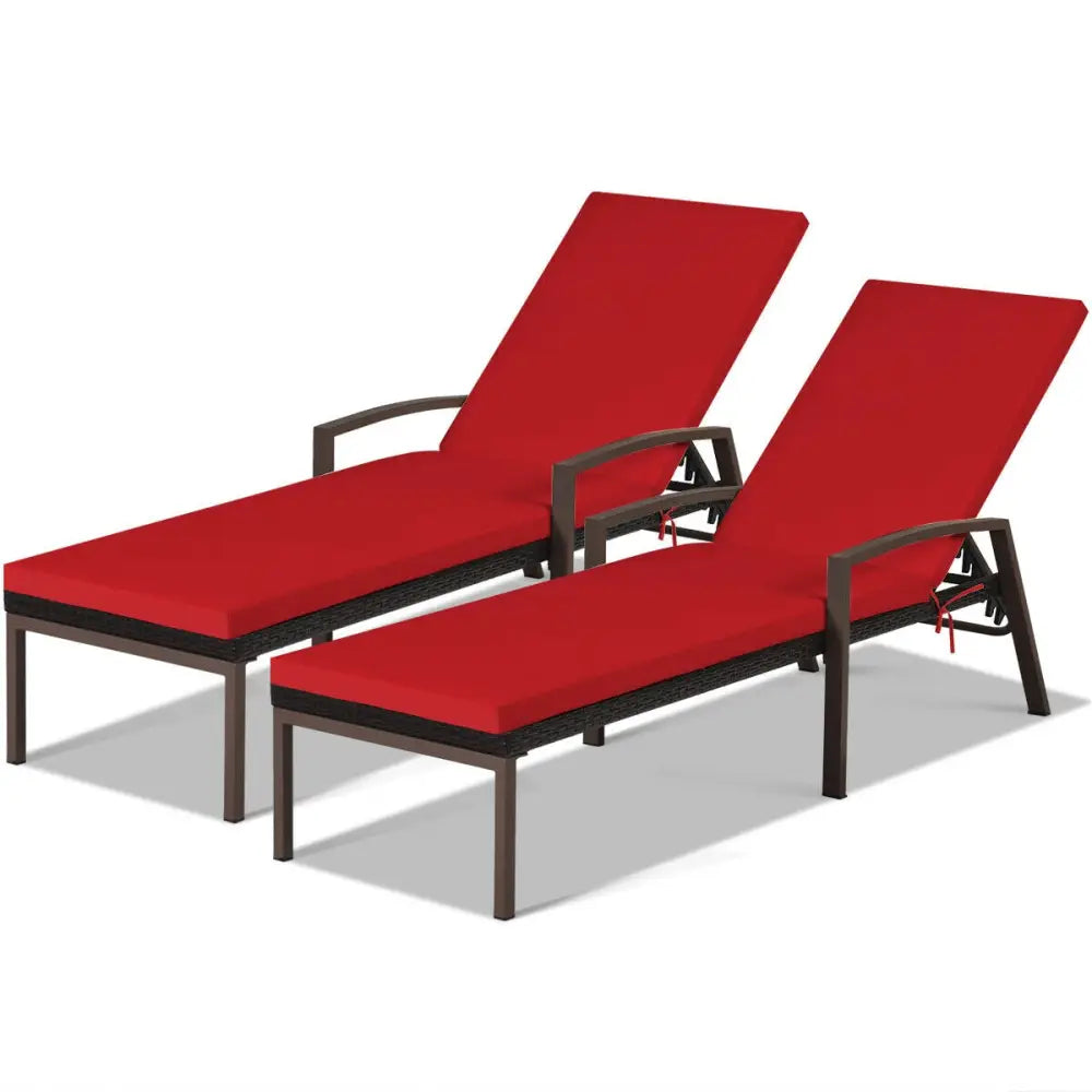 2 Pieces Patio Rattan Adjustable Back Lounge Chair with Armrest and Removable Cushions-Red - Red - Outdoor Chaise