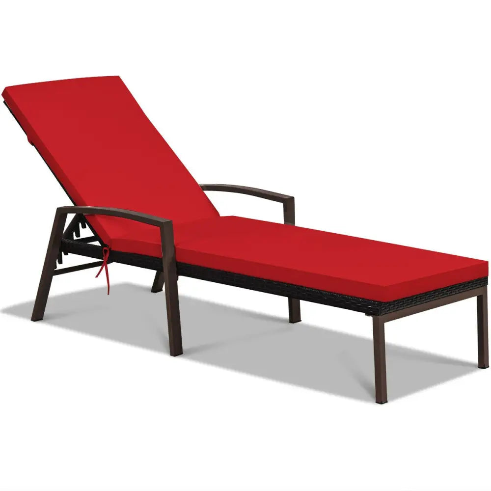 2 Pieces Patio Rattan Adjustable Back Lounge Chair with Armrest and Removable Cushions-Red - Red - Outdoor Chaise