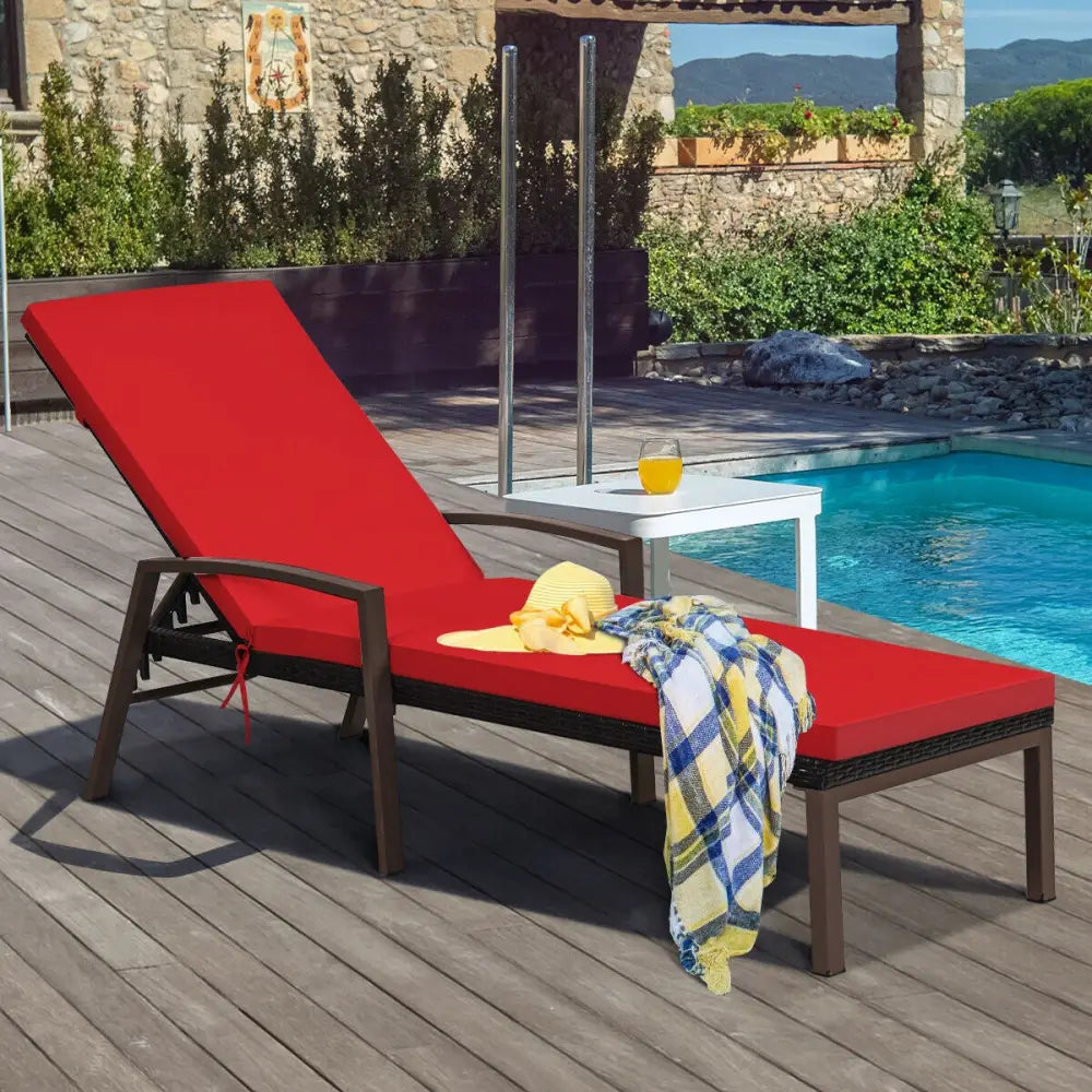 2 Pieces Patio Rattan Adjustable Back Lounge Chair with Armrest and Removable Cushions-Red - Red - Outdoor Chaise