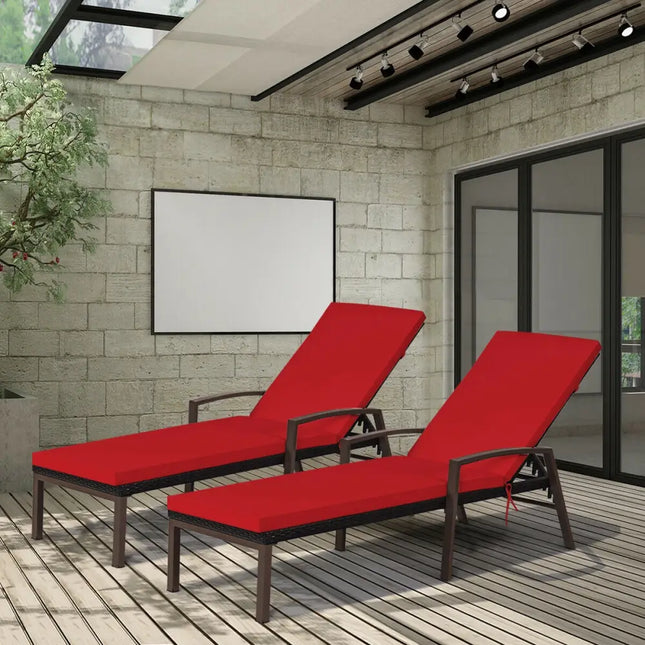 2 Pieces Patio Rattan Adjustable Back Lounge Chair with Armrest and Removable Cushions-Red - Red - Outdoor Chaise