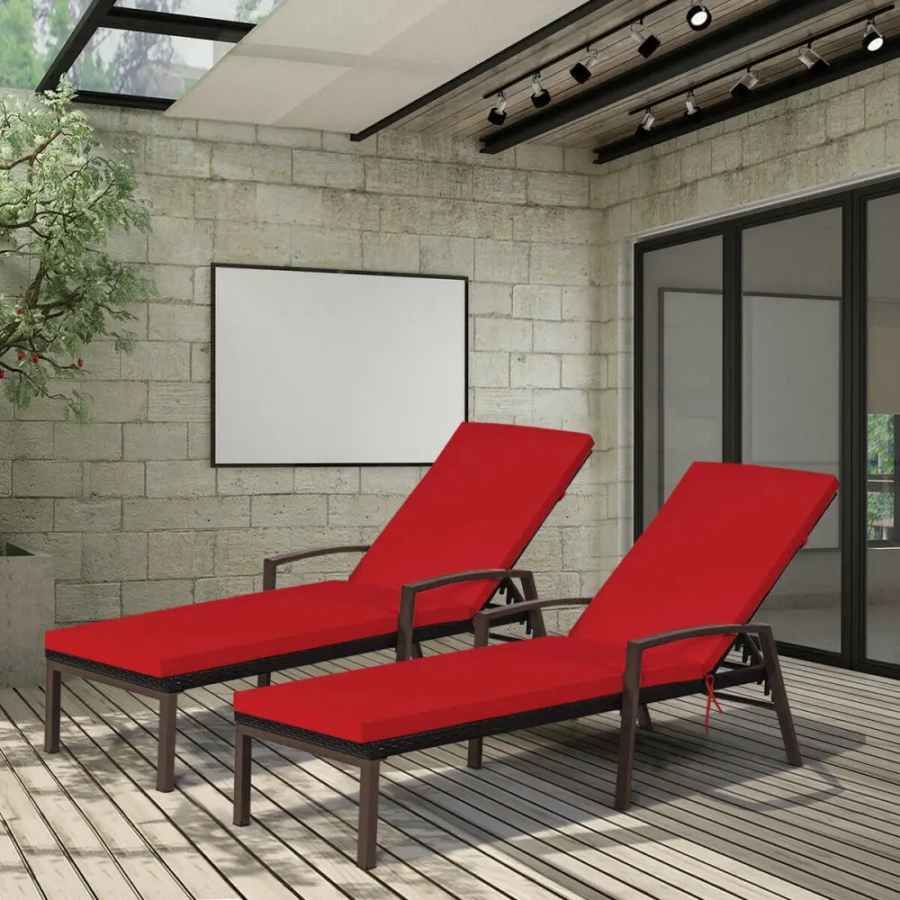 2 Pieces Patio Rattan Adjustable Back Lounge Chair with Armrest and Removable Cushions-Red - Red - Outdoor Chaise