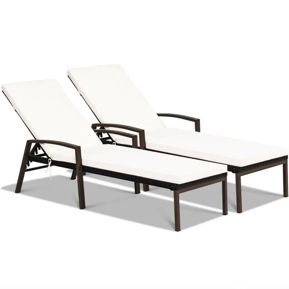 2 Pieces Patio Rattan Adjustable Back Lounge Chair with Armrest and Removable Cushions-White - White - Outdoor Chaise