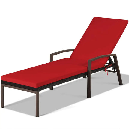 2 Pieces Patio Rattan Adjustable Back Lounge Chair with Armrest and Removable Cushions-Red - Red - Outdoor Chaise