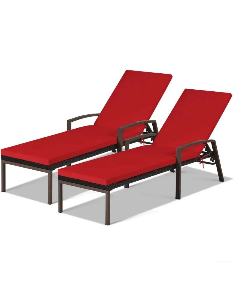2 Pieces Patio Rattan Adjustable Back Lounge Chair with Armrest and Removable Cushions-Red - Red - Outdoor Chaise