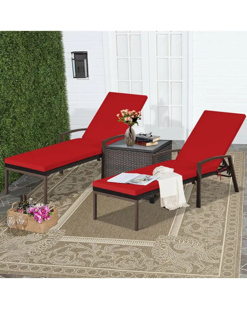 2 Pieces Patio Rattan Adjustable Back Lounge Chair with Armrest and Removable Cushions-Red - Red - Outdoor Chaise