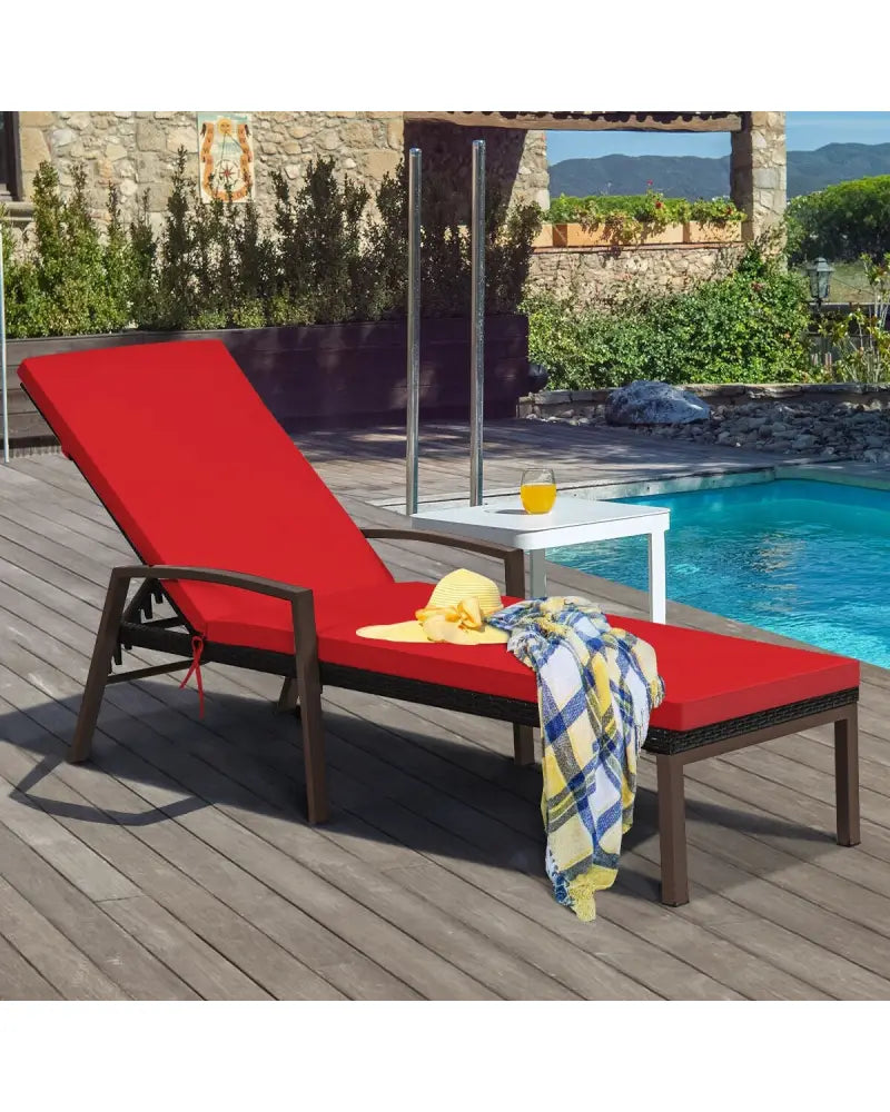 2 Pieces Patio Rattan Adjustable Back Lounge Chair with Armrest and Removable Cushions-Red - Red - Outdoor Chaise