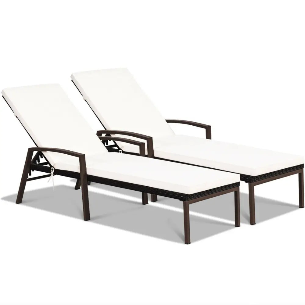 2 Pieces Patio Rattan Adjustable Back Lounge Chair with Armrest and Removable Cushions-White - White - Outdoor Chaise