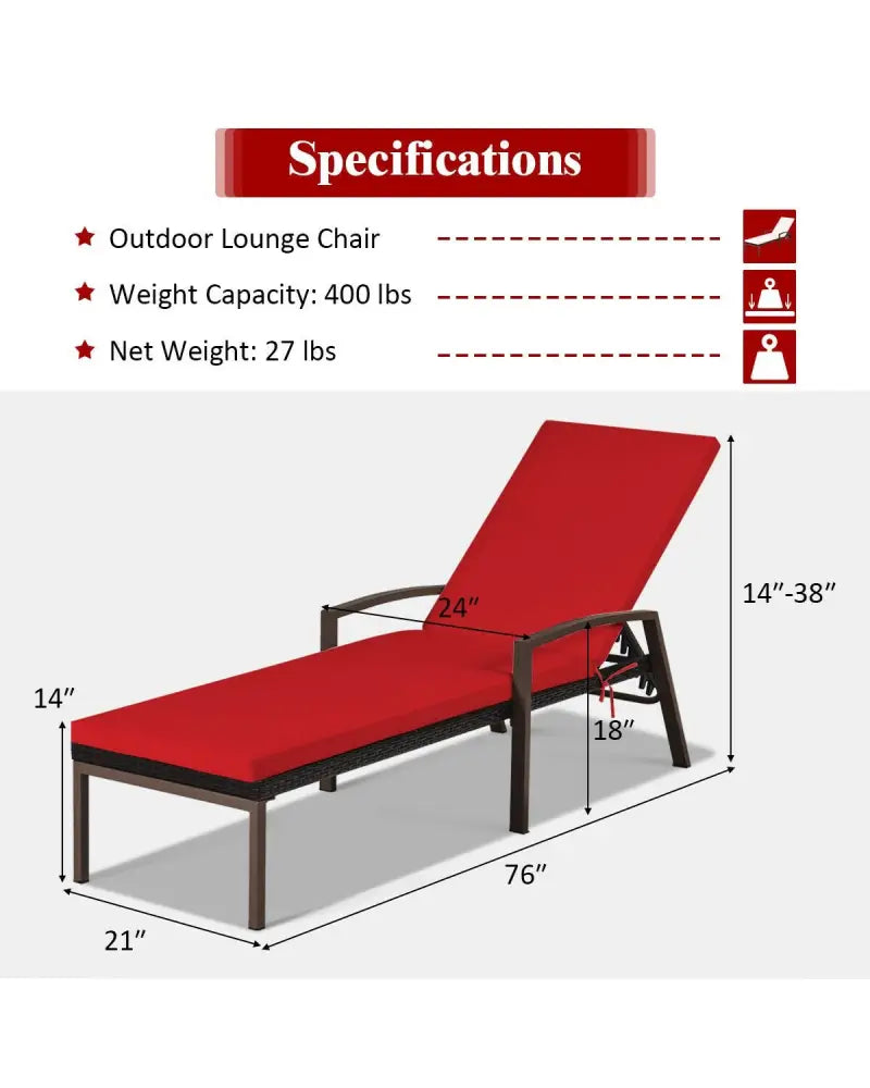 2 Pieces Patio Rattan Adjustable Back Lounge Chair with Armrest and Removable Cushions-Red - Red - Outdoor Chaise