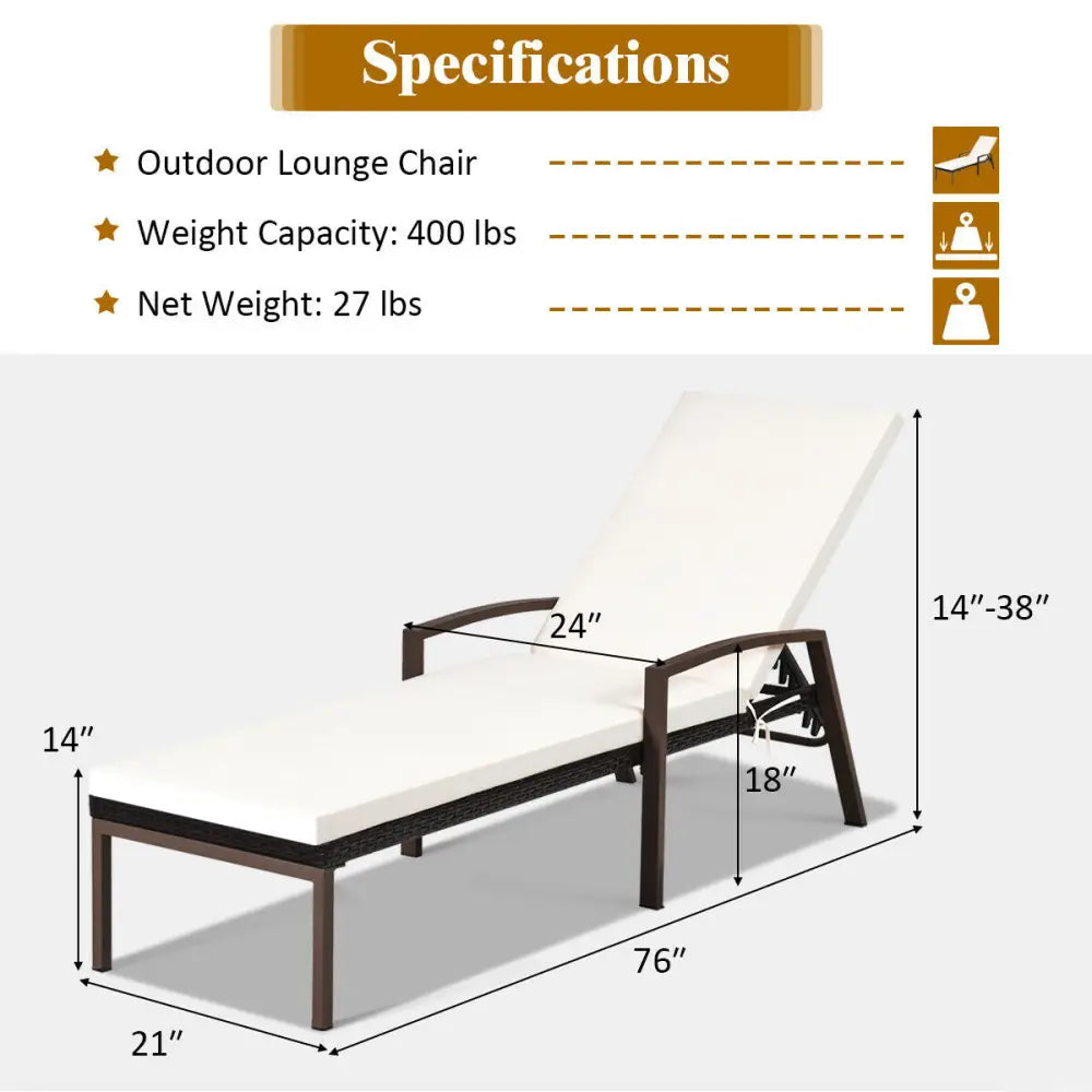 2 Pieces Patio Rattan Adjustable Back Lounge Chair with Armrest and Removable Cushions-White - White - Outdoor Chaise