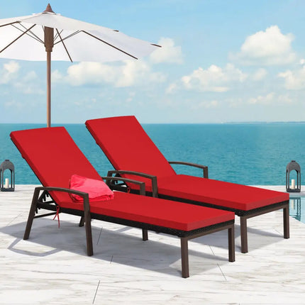 2 Pieces Patio Rattan Adjustable Back Lounge Chair with Armrest and Removable Cushions-Red - Red - Outdoor Chaise