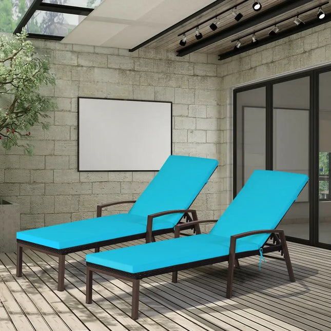 2 Pieces Patio Rattan Adjustable Back Lounge Chair with Armrest and Removable Cushions-Turquoise - Turquoise - Outdoor