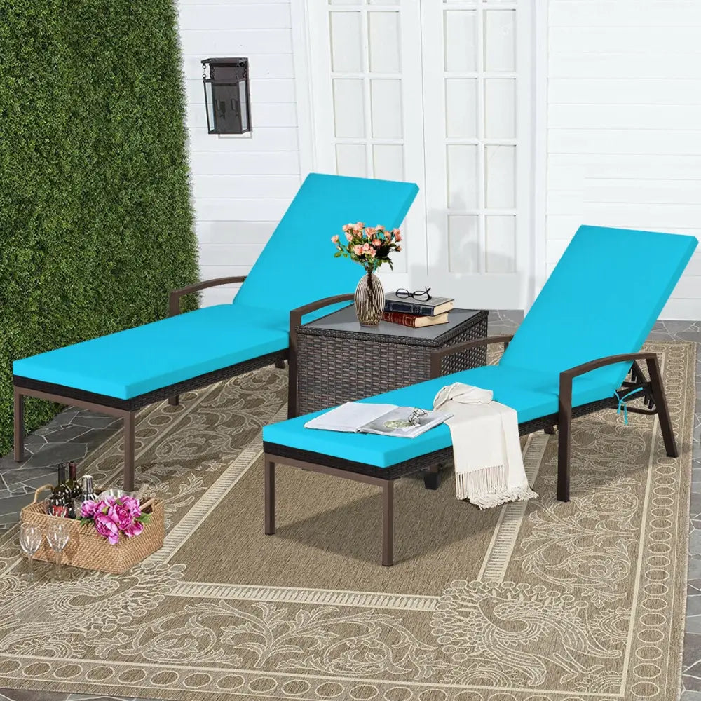 2 Pieces Patio Rattan Adjustable Back Lounge Chair with Armrest and Removable Cushions-Turquoise - Turquoise - Outdoor