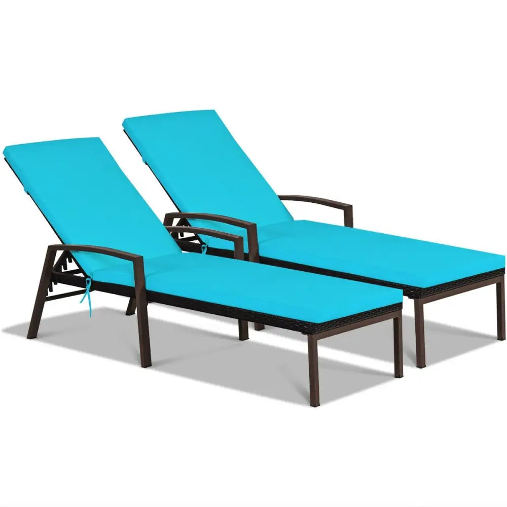 2 Pieces Patio Rattan Adjustable Back Lounge Chair with Armrest and Removable Cushions-Turquoise - Turquoise - Outdoor