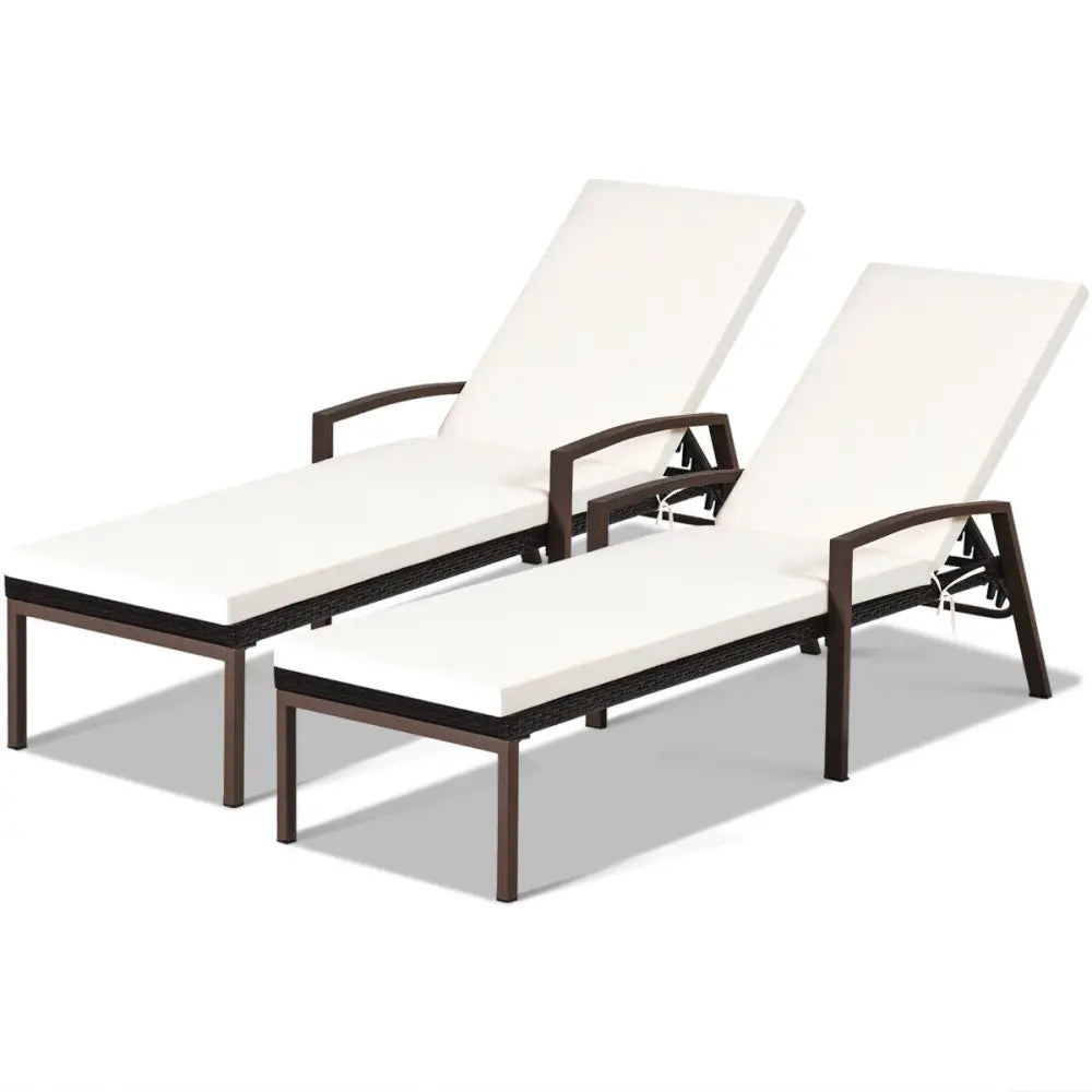 2 Pieces Patio Rattan Adjustable Back Lounge Chair with Armrest and Removable Cushions-White - White - Outdoor Chaise