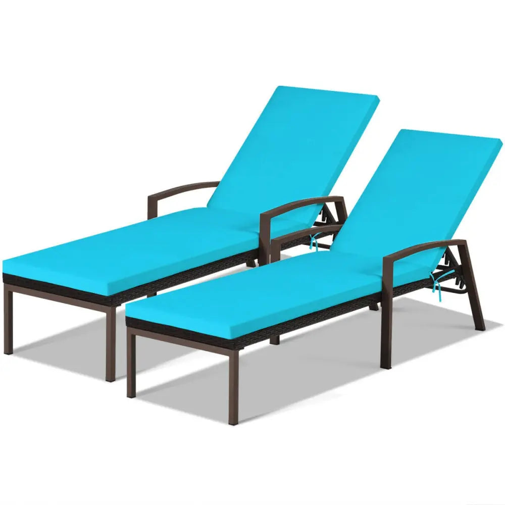 2 Pieces Patio Rattan Adjustable Back Lounge Chair with Armrest and Removable Cushions-Turquoise - Turquoise - Outdoor