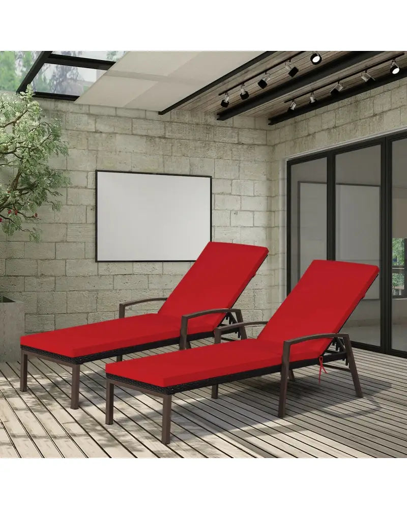 2 Pieces Patio Rattan Adjustable Back Lounge Chair with Armrest and Removable Cushions-Red - Red - Outdoor Chaise