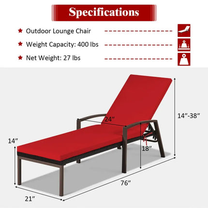 2 Pieces Patio Rattan Adjustable Back Lounge Chair with Armrest and Removable Cushions-Red - Red - Outdoor Chaise