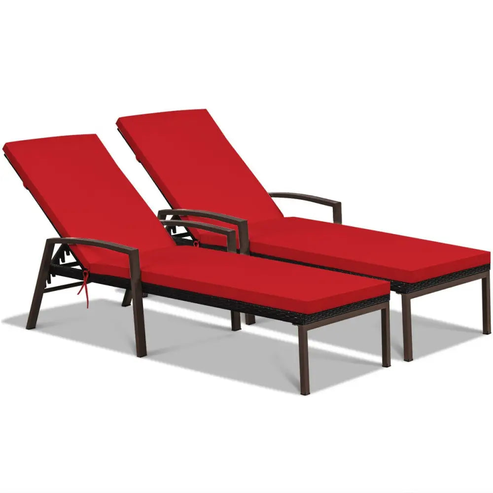 2 Pieces Patio Rattan Adjustable Back Lounge Chair with Armrest and Removable Cushions-Red - Red - Outdoor Chaise