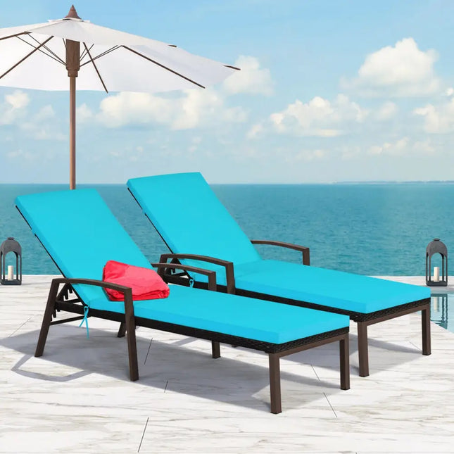 2 Pieces Patio Rattan Adjustable Back Lounge Chair with Armrest and Removable Cushions-Turquoise - Turquoise - Outdoor