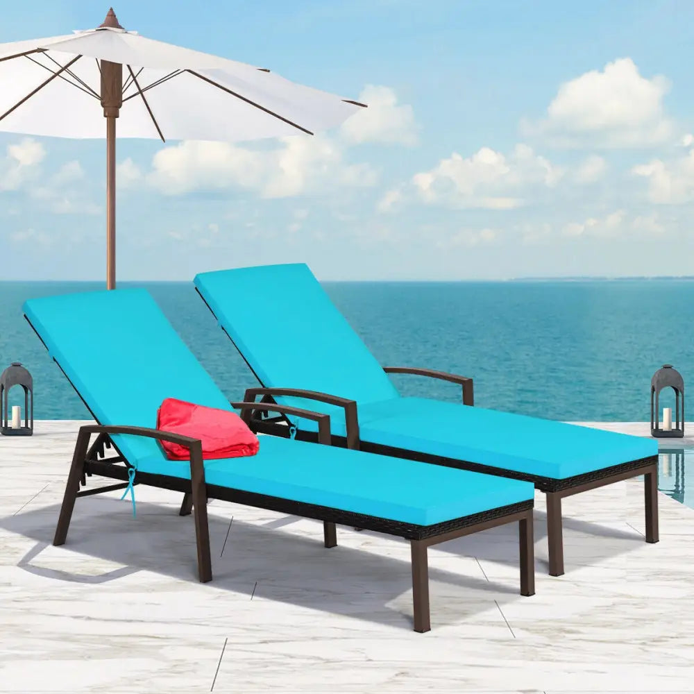2 Pieces Patio Rattan Adjustable Back Lounge Chair with Armrest and Removable Cushions-Turquoise - Turquoise - Outdoor