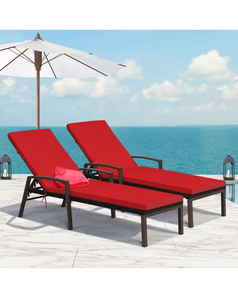 2 Pieces Patio Rattan Adjustable Back Lounge Chair with Armrest and Removable Cushions-Red - Red - Outdoor Chaise