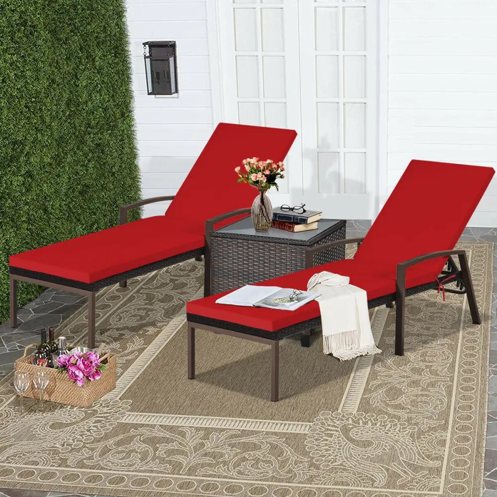 2 Pieces Patio Rattan Adjustable Back Lounge Chair with Armrest and Removable Cushions-Red - Red - Outdoor Chaise