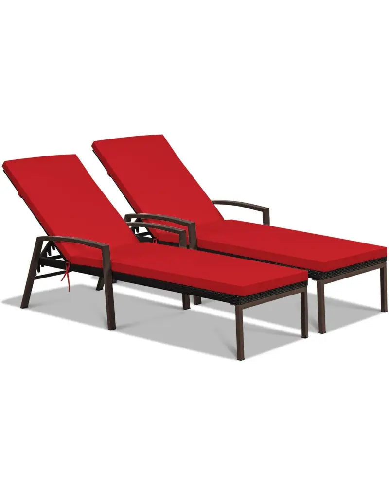 2 Pieces Patio Rattan Adjustable Back Lounge Chair with Armrest and Removable Cushions-Red - Red - Outdoor Chaise