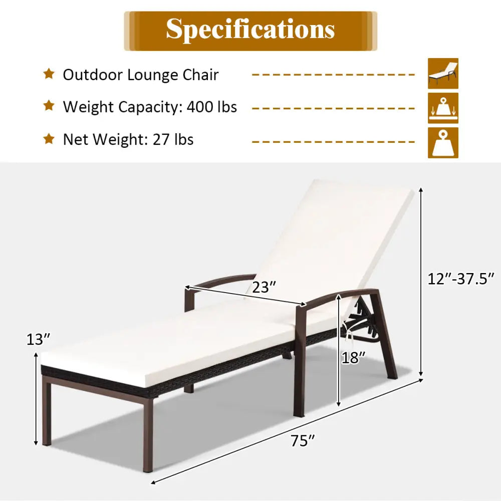 2 Pieces Patio Rattan Adjustable Back Lounge Chair with Armrest and Removable Cushions-White - White - Outdoor Chaise