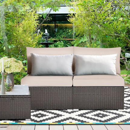 2 Pieces Patio Rattan Armless Sofa Set with 2 Cushions and 2 Pillows-Brown - Brown - Outdoor Sectionals