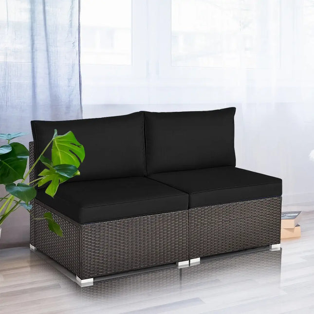 2 Pieces Patio Rattan Armless Sofa Set with 2 Cushions and 2 Pillows-Black - Black - Outdoor Sectionals