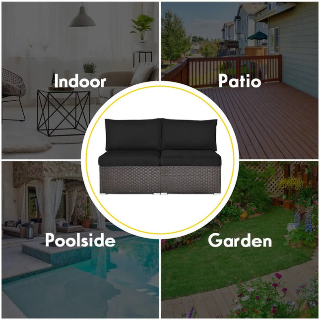 2 Pieces Patio Rattan Armless Sofa Set with 2 Cushions and 2 Pillows-Black - Black - Outdoor Sectionals