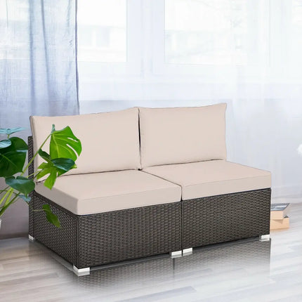 2 Pieces Patio Rattan Armless Sofa Set with 2 Cushions and 2 Pillows-Brown - Brown - Outdoor Sectionals