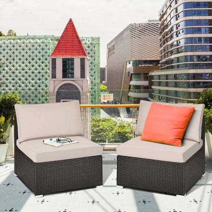 2 Pieces Patio Rattan Armless Sofa Set with 2 Cushions and 2 Pillows-Brown - Brown - Outdoor Sectionals