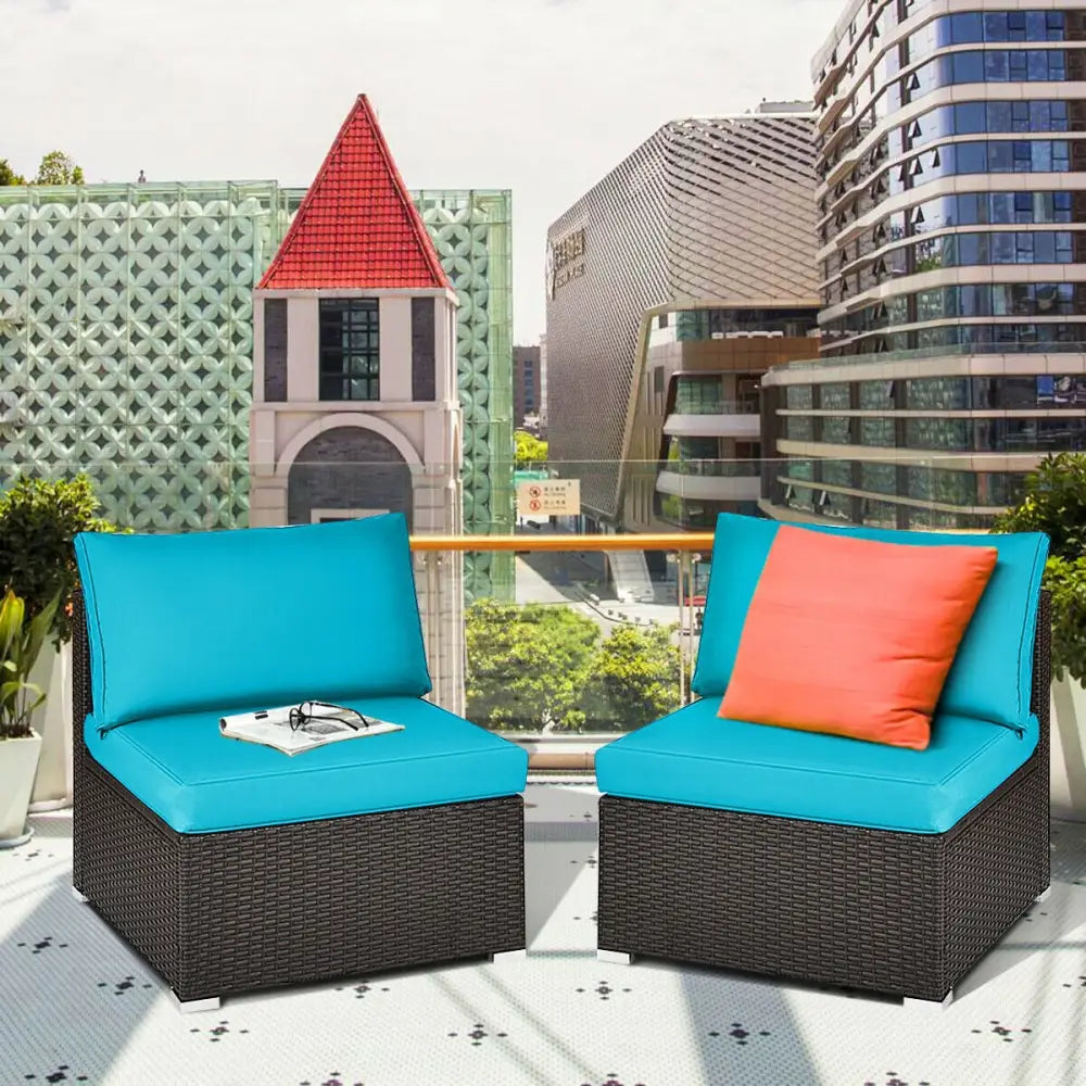 2 Pieces Patio Rattan Armless Sofa Set with 2 Cushions and 2 Pillows-Blue - Blue - Outdoor Sectionals