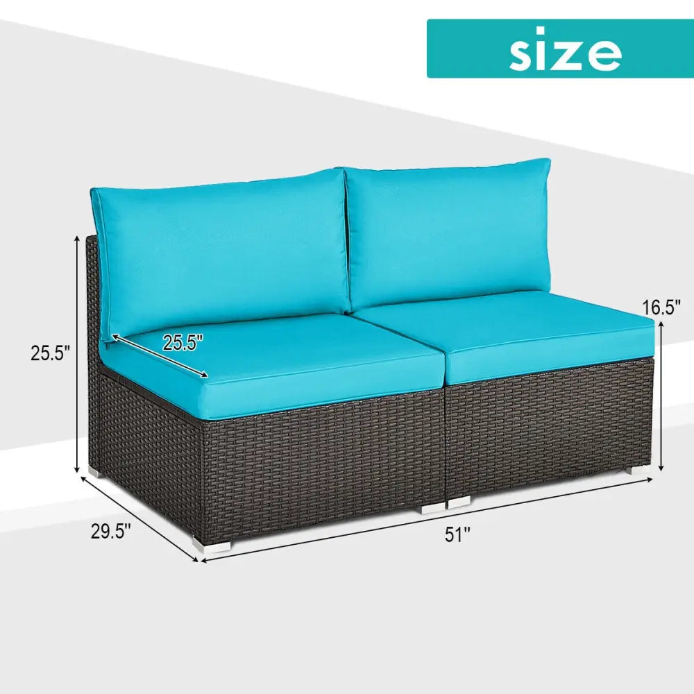 2 Pieces Patio Rattan Armless Sofa Set with 2 Cushions and 2 Pillows-Blue - Blue - Outdoor Sectionals