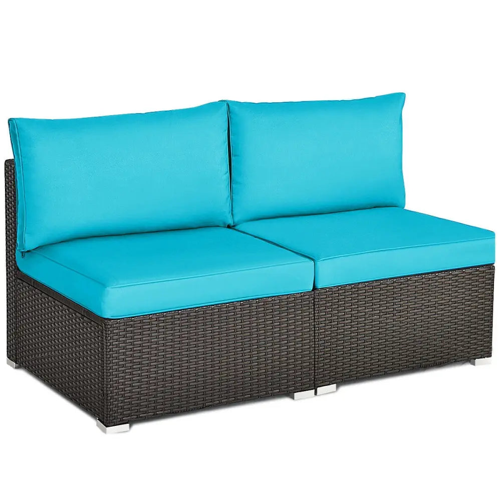 2 Pieces Patio Rattan Armless Sofa Set with 2 Cushions and 2 Pillows-Blue - Blue - Outdoor Sectionals