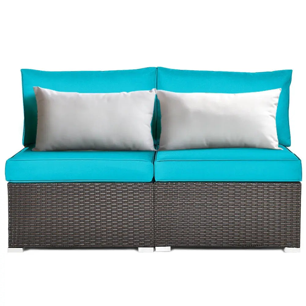 2 Pieces Patio Rattan Armless Sofa Set with 2 Cushions and 2 Pillows-Blue - Blue - Outdoor Sectionals